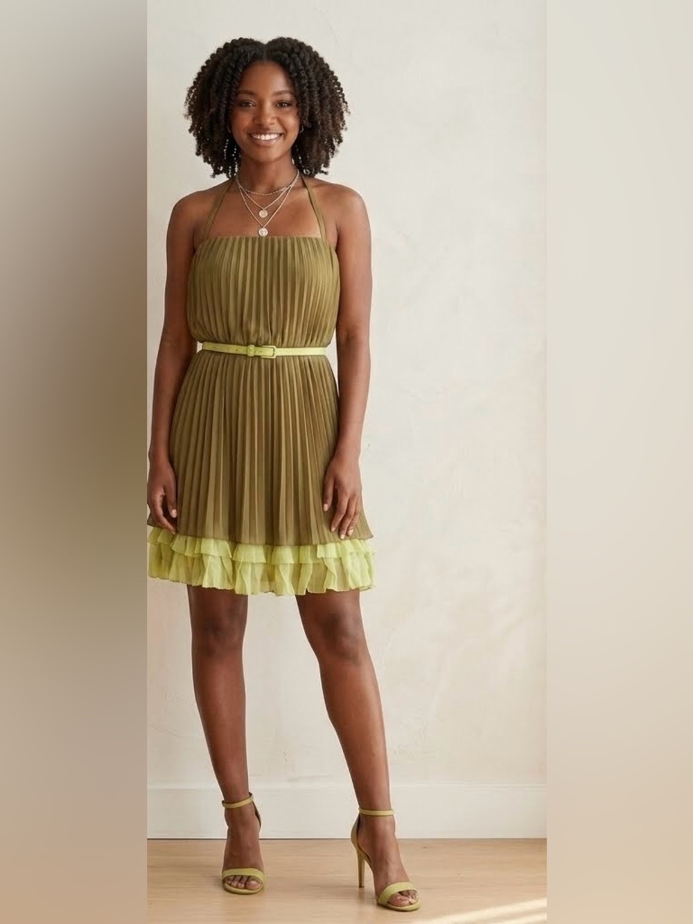 Jessica Simpson Olive Green Dress with Neon Lime Trim